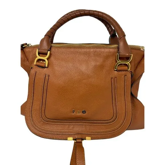 Chloe Large Marcie Pebbled Leather Satchel Bag Tan Cognac Gold Hardware w COA - Picture 2 of 16